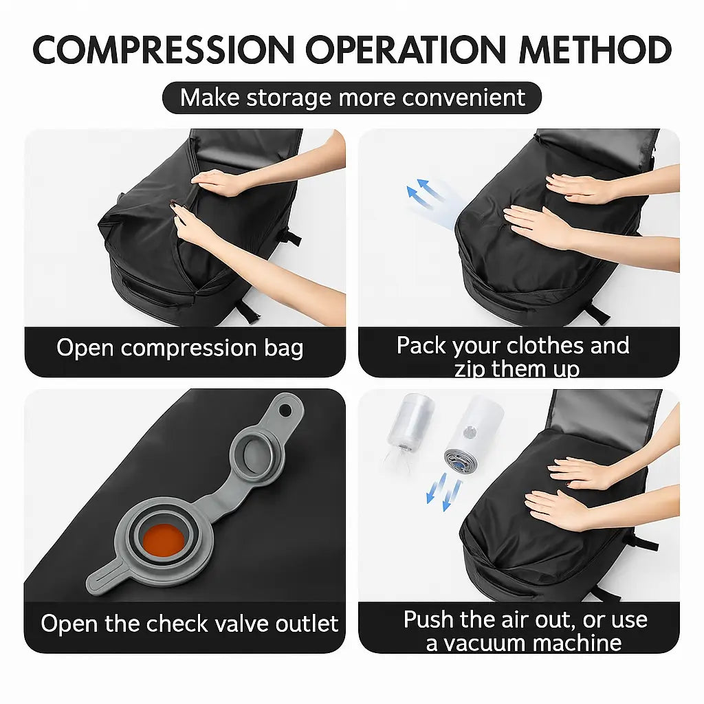Sac à dos noir voyage – sac de compression pour plus d’espace en cabine