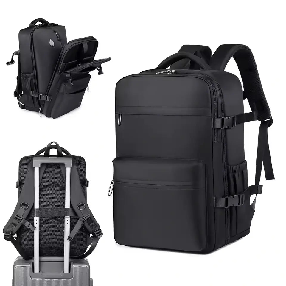 Schwarzer Reise Rucksack mit Kompressionsbeutel – Handgepäck Größe 40x20x25