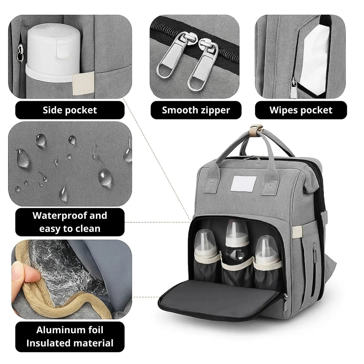 Langer multifunktionaler Rucksack – isoliertes Innenfach für warme Flaschen, USB-Anschluss, wasserdicht und stylisch,Wickelorganizer