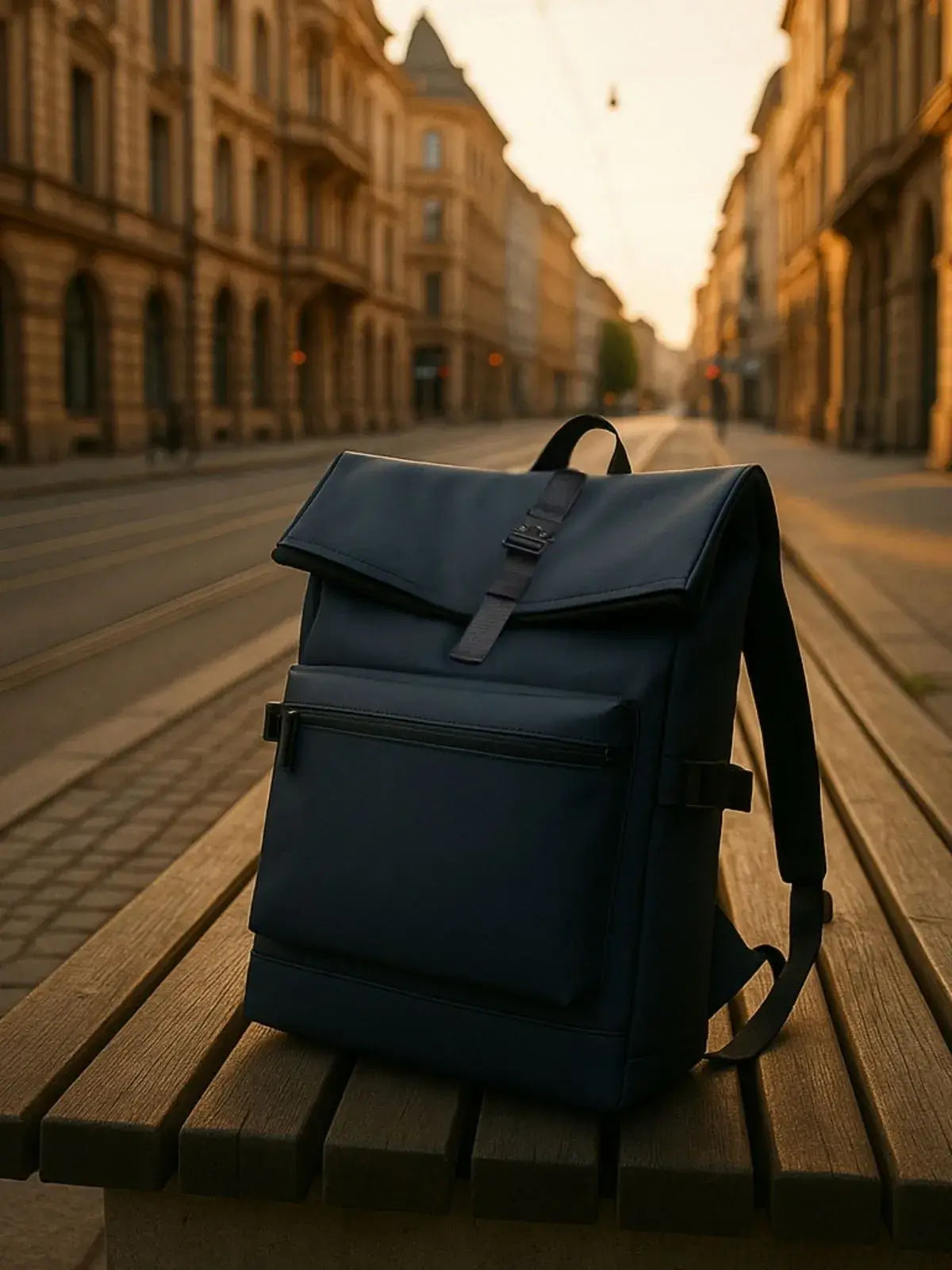 Moderner Rolltop-Rucksack auf einer Bank in einer ruhigen Stadtstraße bei Sonnenaufgang – stilvoller Begleiter für Alltag und Reisen.