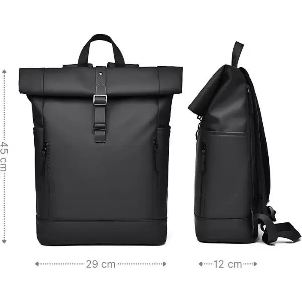 Rolltop Rucksack schwarz – robustes Material, reisetauglich und langlebig