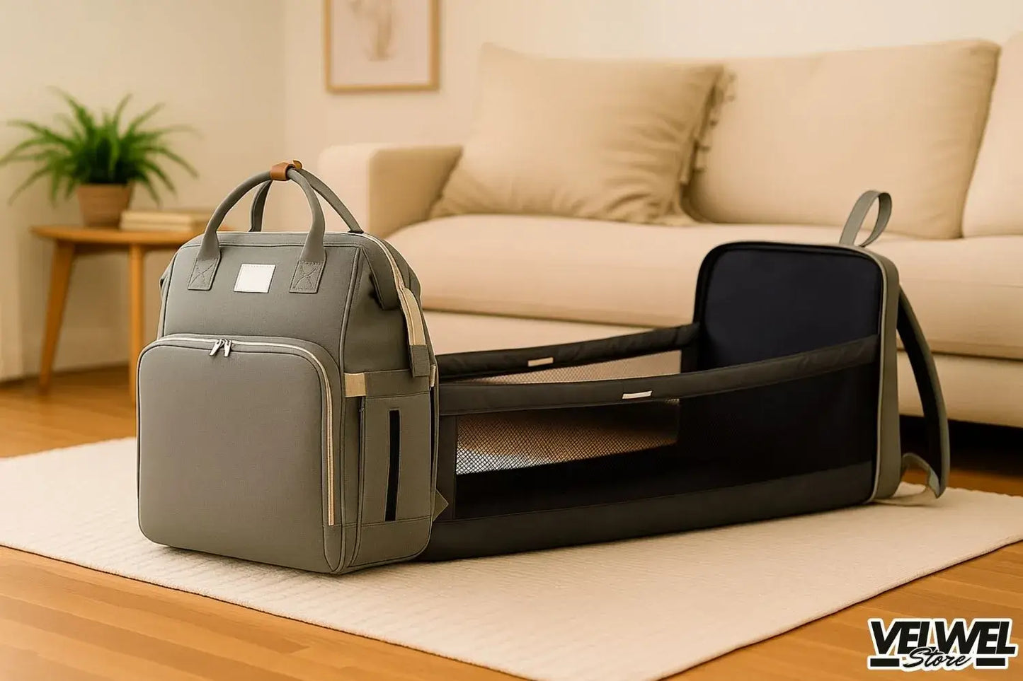 Velwel Wickelrucksack in Grau mit integriertem Babybett, praktisch und multifunktional.