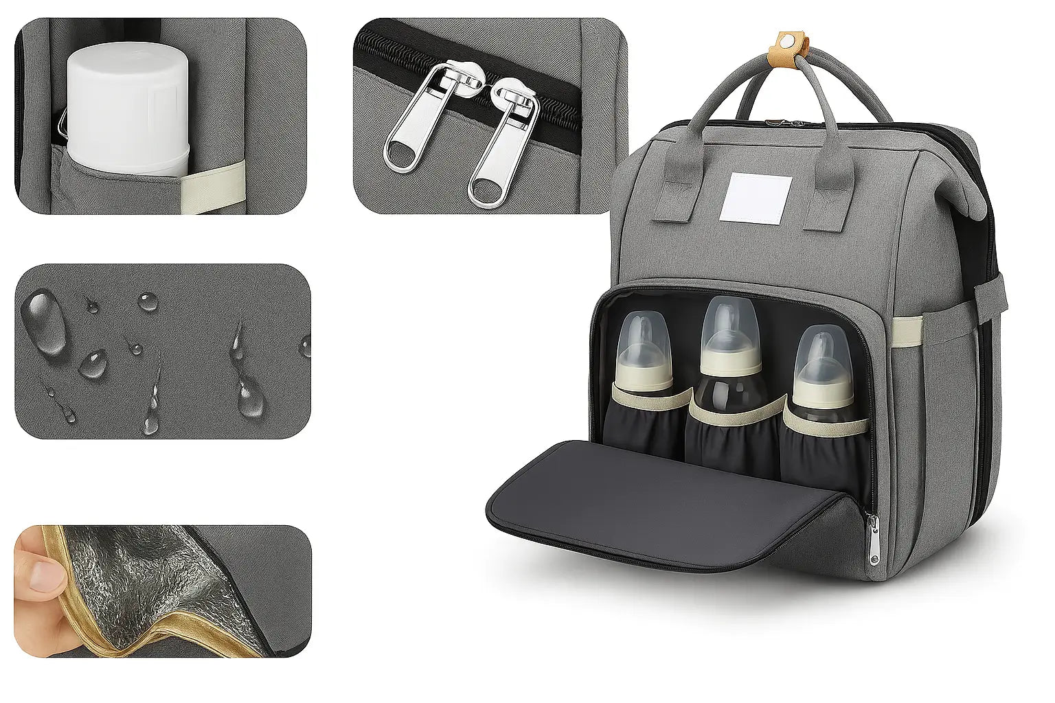 Velwel Wickelrucksack mit isolierten Flaschenfächern, wasserabweisend und praktisch organisiert.