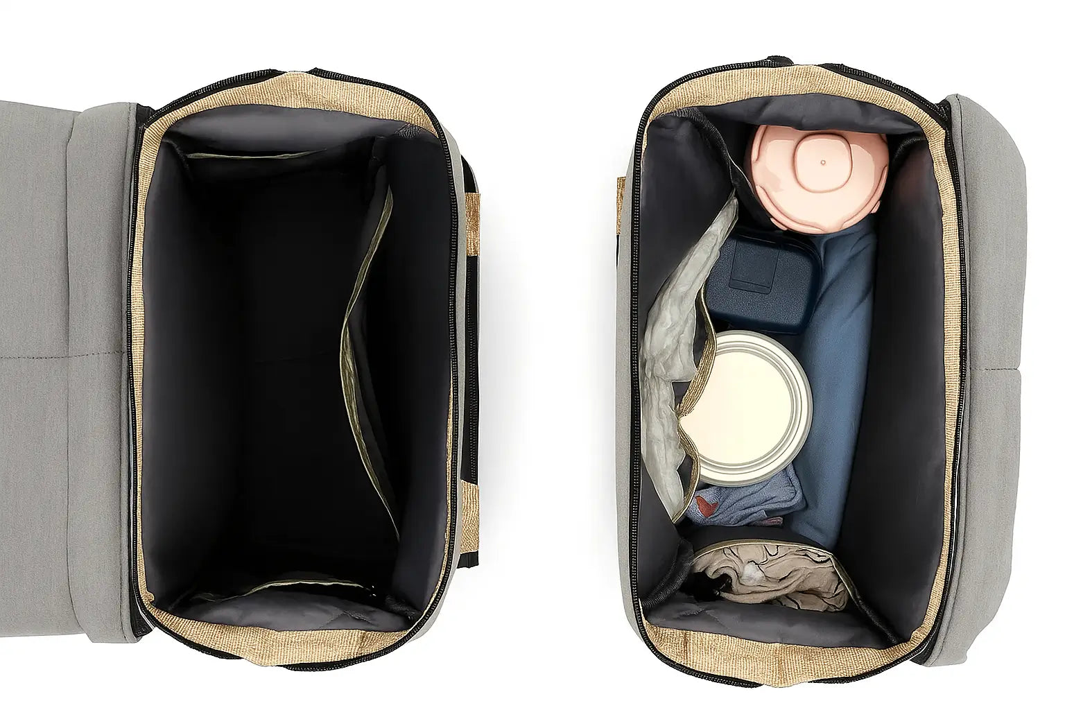 Innenansicht des Velwel Wickelrucksacks mit geräumigen Fächern für Kleidung, Windeln und Babyzubehör.