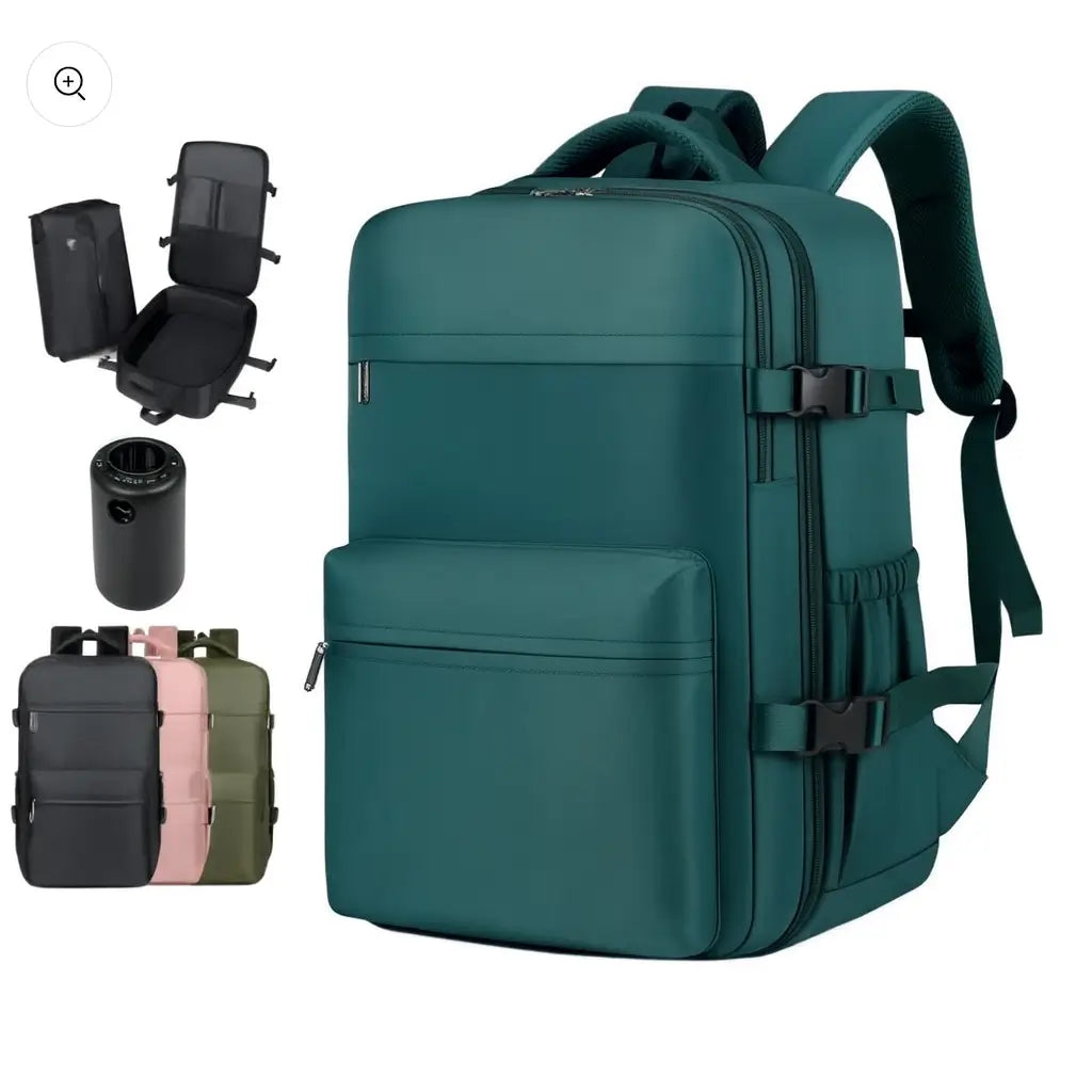 Grüner Handgepäck Rucksack mit Kompressionsbeutel – 17 Zoll Laptopfach