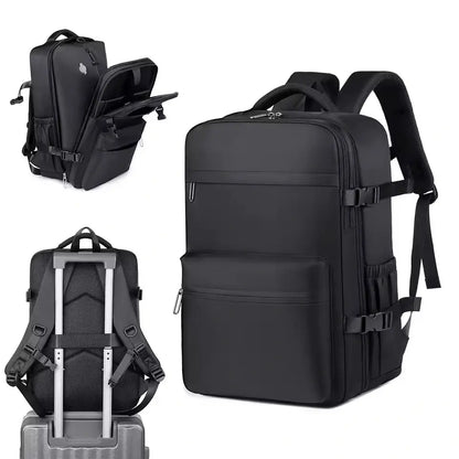 Schwarzer Reise Rucksack mit Kompressionsbeutel – Handgepäck Größe 40x20x25
