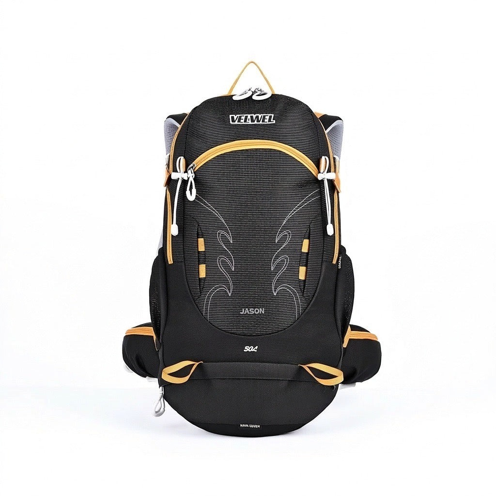 Velwel Wanderrucksack in Schwarz und Gelb — Vorderansicht, leicht und ergonomisch für die Wanderung