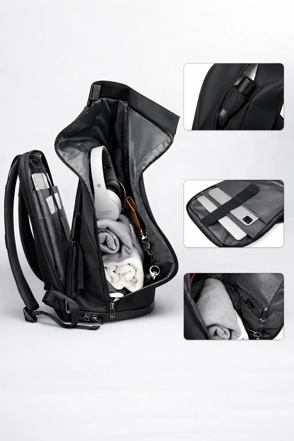 Innenraum des schwarzen Bange Rucksacks mit Laptopfach und großem Stauraum