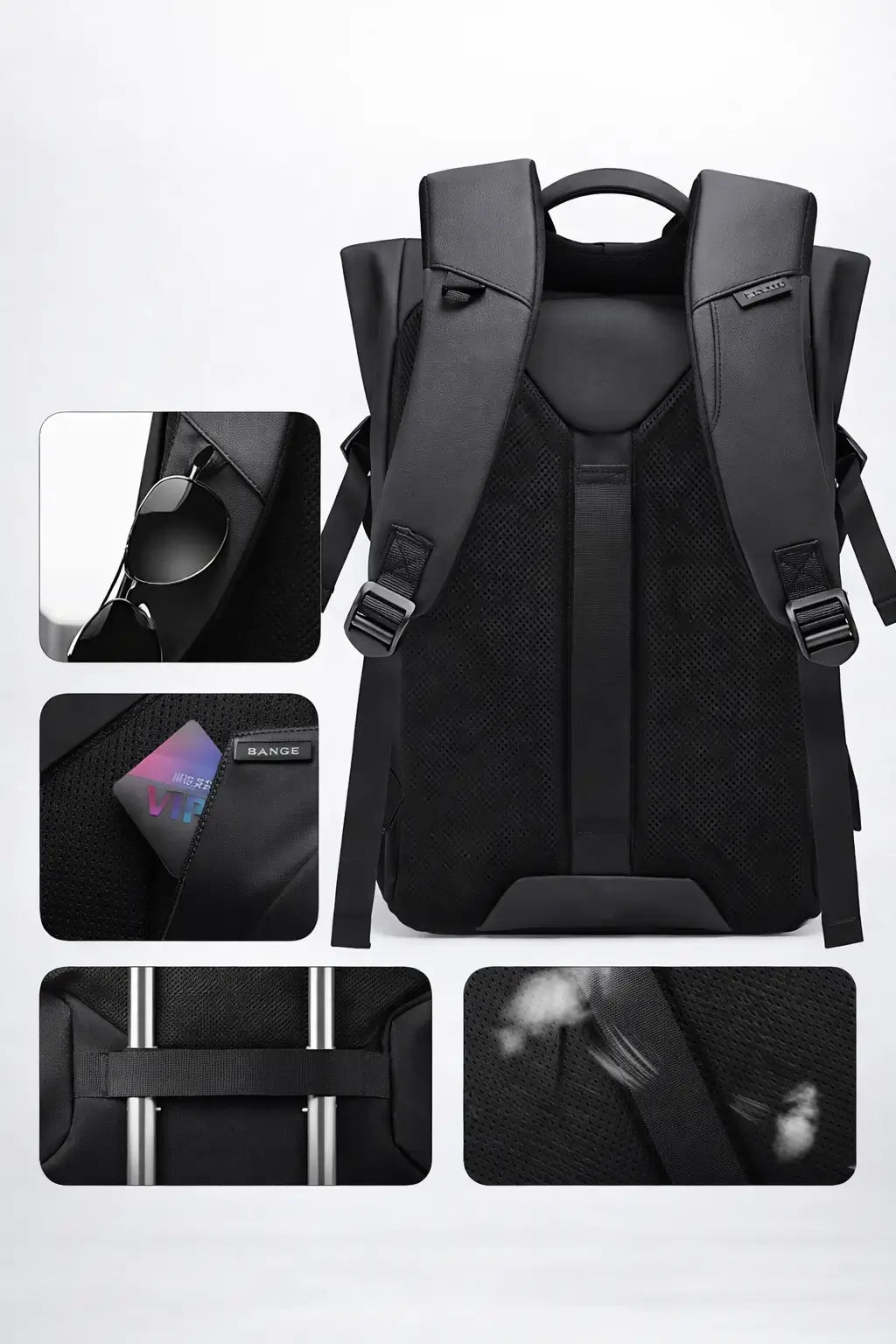 Schwarzer Bange Rucksack getragen auf dem Rücken, zeigt ergonomisches und modernes Design