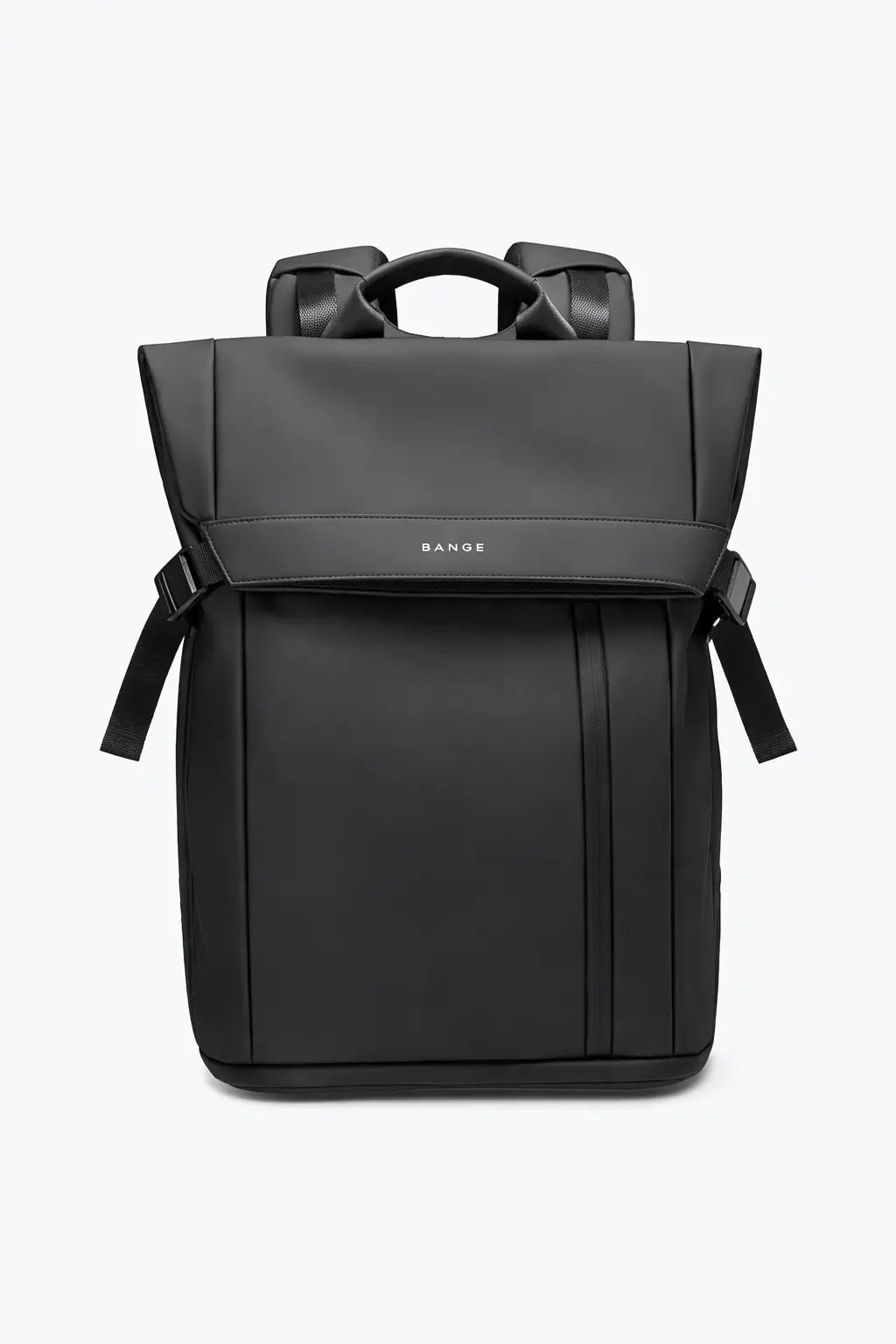 Schwarzer wasserdichter Bange Rucksack mit modernem minimalistischen Design, Vorderansicht