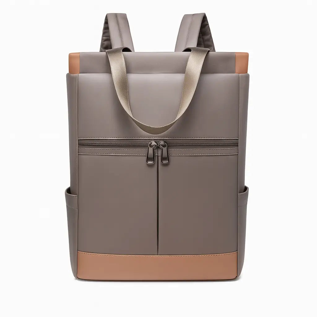 Eleganter Damenrucksack in Grau-Beige, wasserfest und multifunktional für Alltag, Arbeit und Reisen.