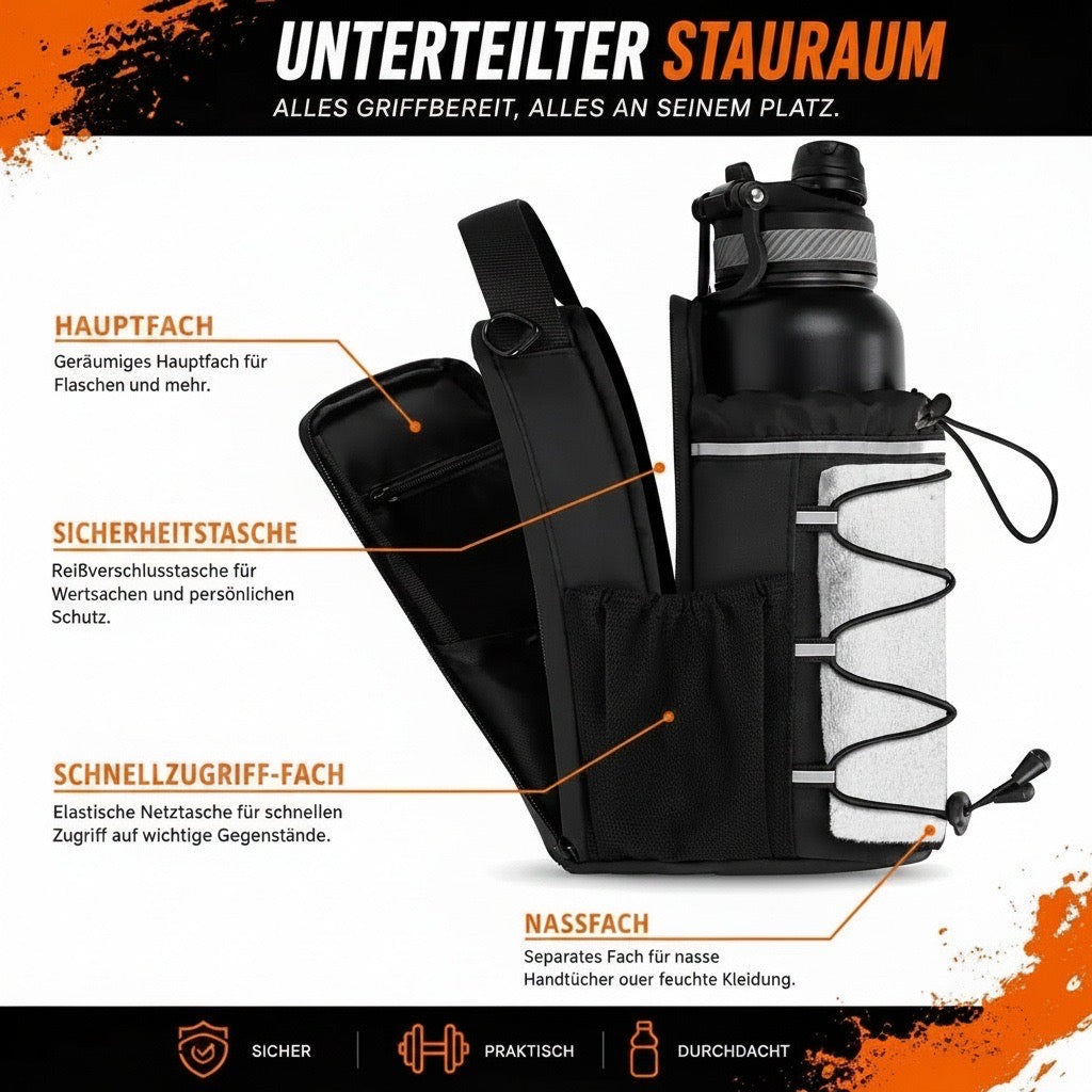 Fitness Flaschenhalter mit Hauptfach, Sicherheitstasche und Schnellzugriff-Fächern