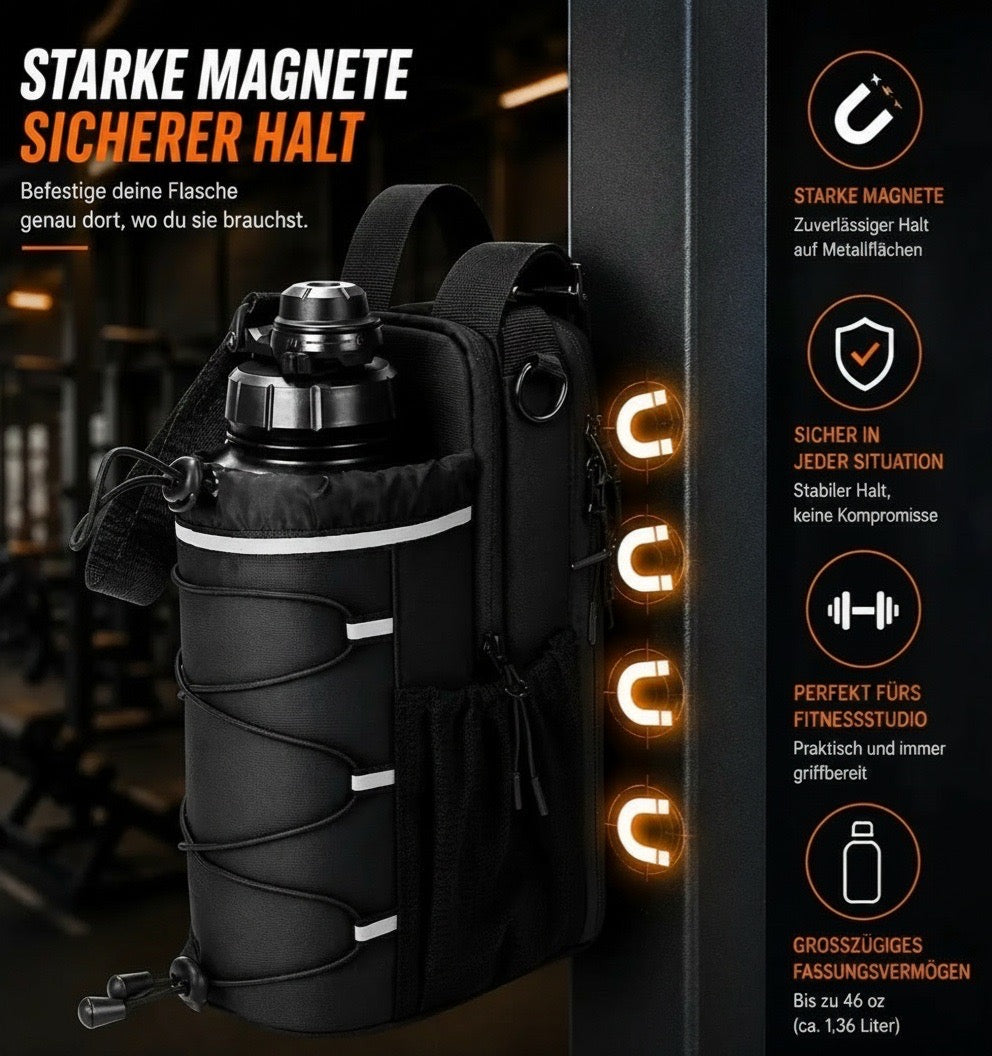 Magnetischer Flaschenhalter befestigt an einer Metallstange im Fitnessstudio