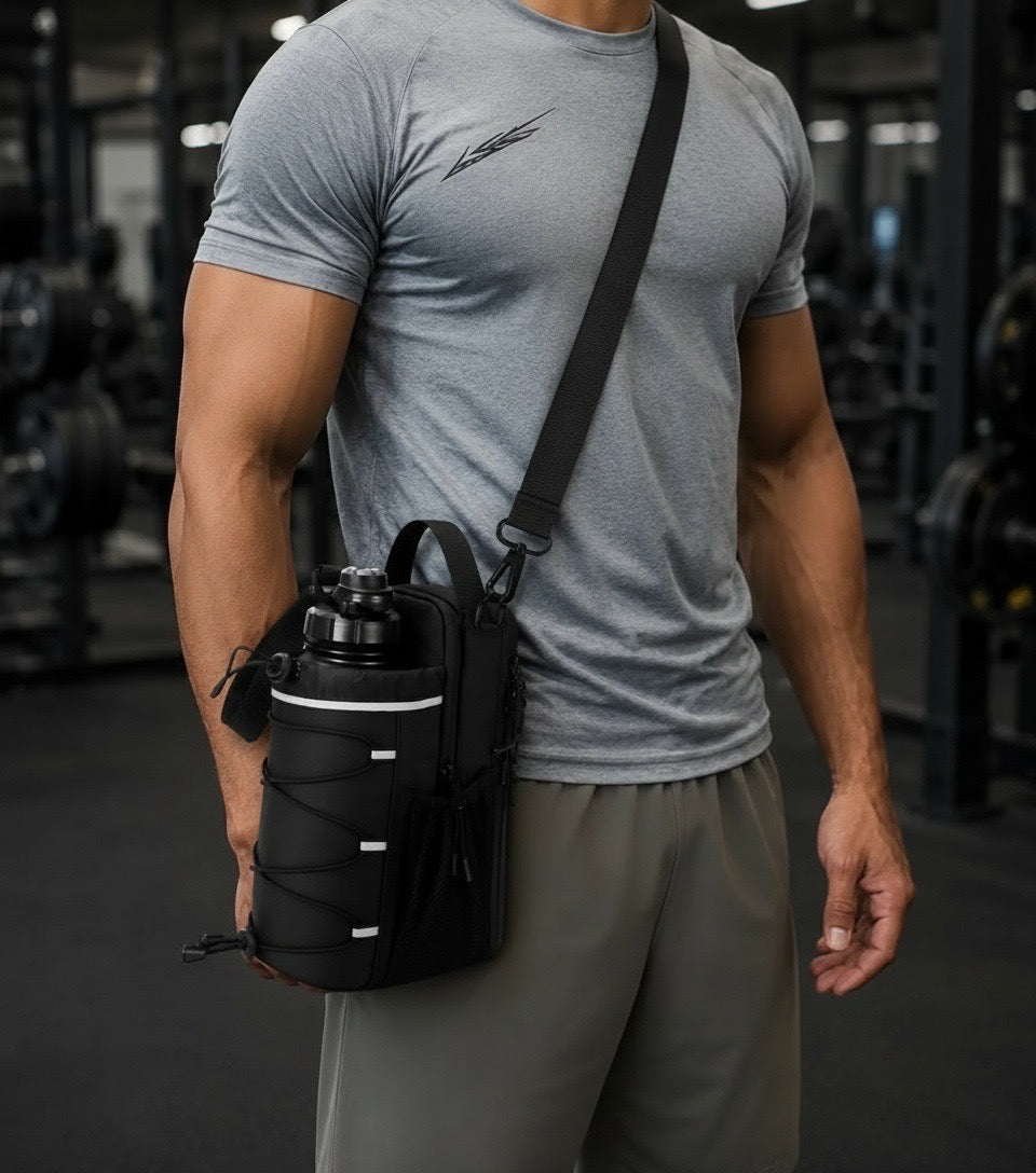Sportler trägt eine magnetische Fitness Umhängetasche mit großer Trinkflasche im Fitnessstudio