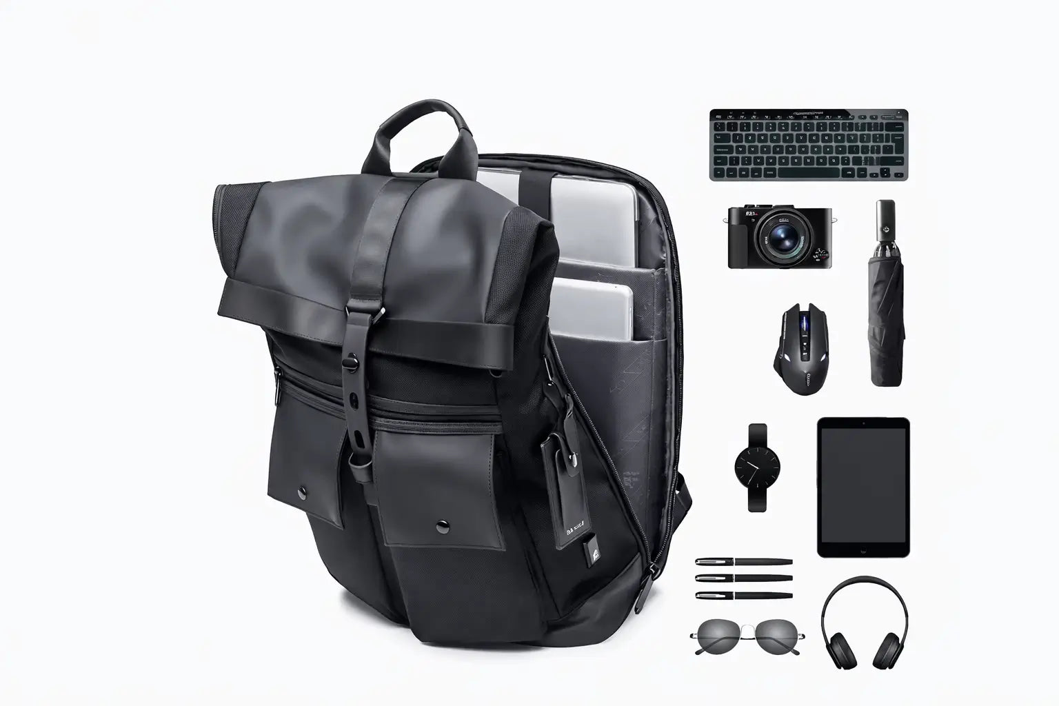Handgefertigter Premium Urban Rucksack Schwarz großer Stauraum Laptopfach funktionales Innenleben