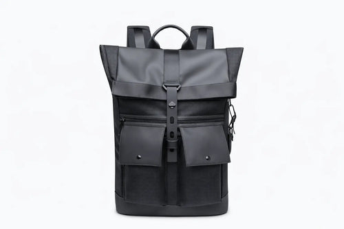 Handgefertigter Premium Urban Rucksack Schwarz wasserdicht modernes elegantes Design Vorderansicht