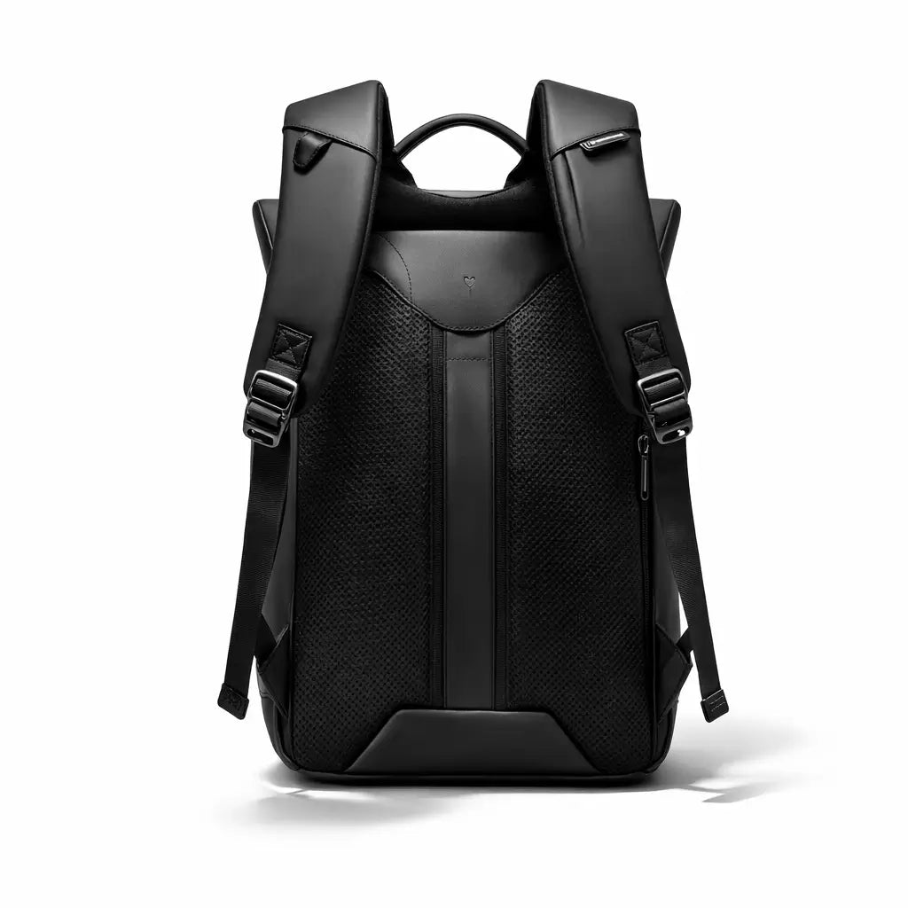 Handgefertigter Premium Rucksack Schwarz ergonomische Rueckseite gepolsterte Schultergurte