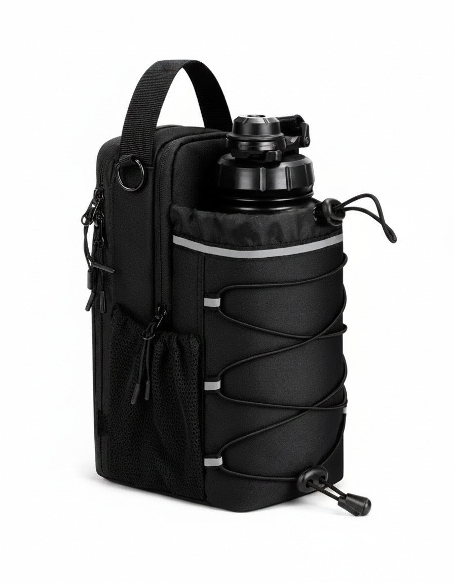 Magnetische Fitness Flaschenhalterung in Schwarz mit großer Trinkflasche und mehreren Fächern