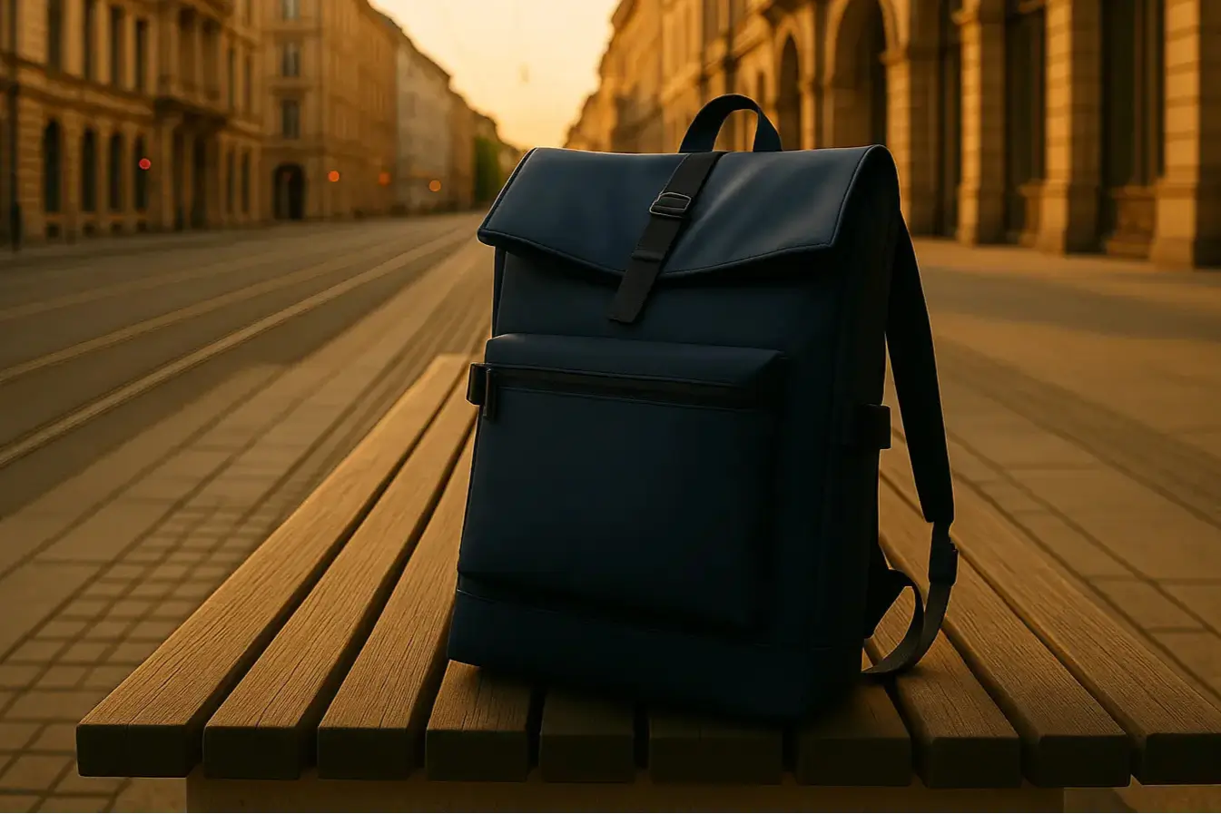 Moderner schwarzer Rucksack im urbanen Stil, fotografiert auf einer Bank in der Stadt bei Sonnenuntergang.