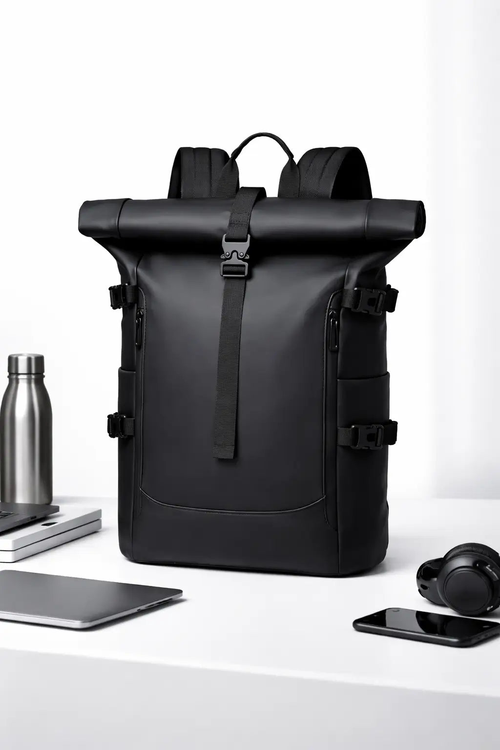 Wasserdichter Rolltop Rucksack in Grau mit minimalistischem Design und Rollverschluss