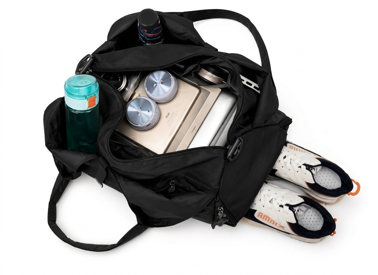 Velwel Damen Sporttasche von oben — Hauptfach, Seitentaschen mit Trinkflasche, Regenschirm, Handy und Schuhfach sichtbar