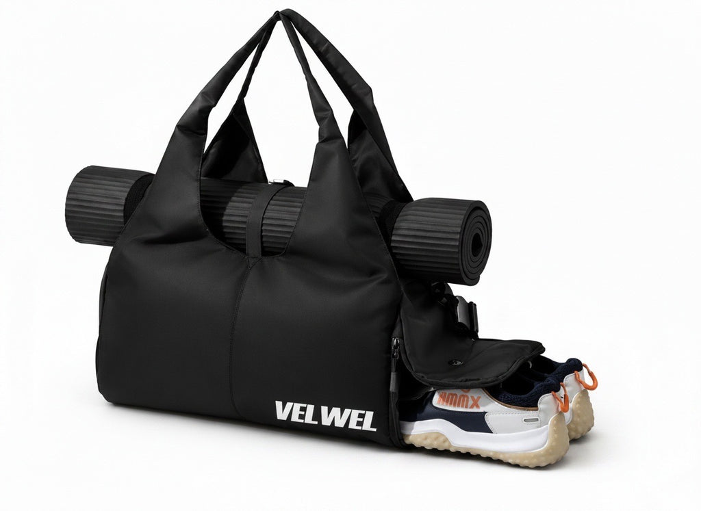 Velwel Damen Sporttasche von der Seite — mit Befestigung für Yogamatte oder Gymnastikmatte und separatem Schuhfach