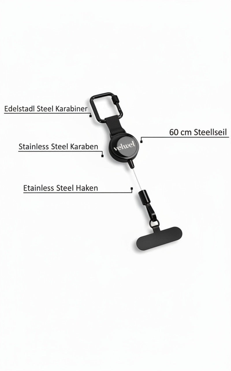 VELWEL Handy-Clip – technische Ansicht mit Edelstahlkarabiner, 60 cm Stahlseil und Edelstahlhaken
