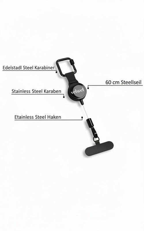 VELWEL Handy-Clip – technische Ansicht mit Edelstahlkarabiner, 60 cm Stahlseil und Edelstahlhaken