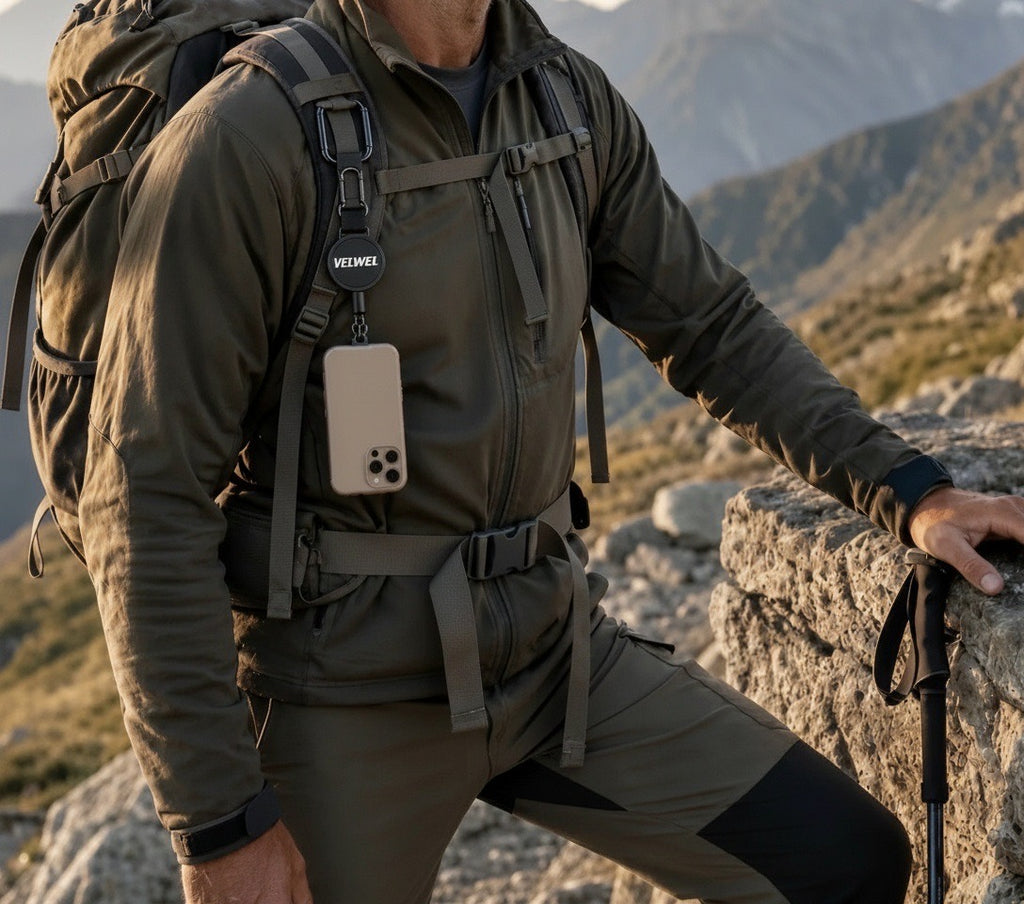 Wanderer mit Rucksack in den Bergen – Smartphone sicher am VELWEL Clip befestigt
