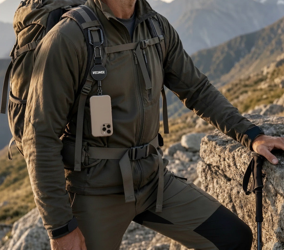 Wanderer mit Rucksack in den Bergen – Smartphone sicher am VELWEL Clip befestigt