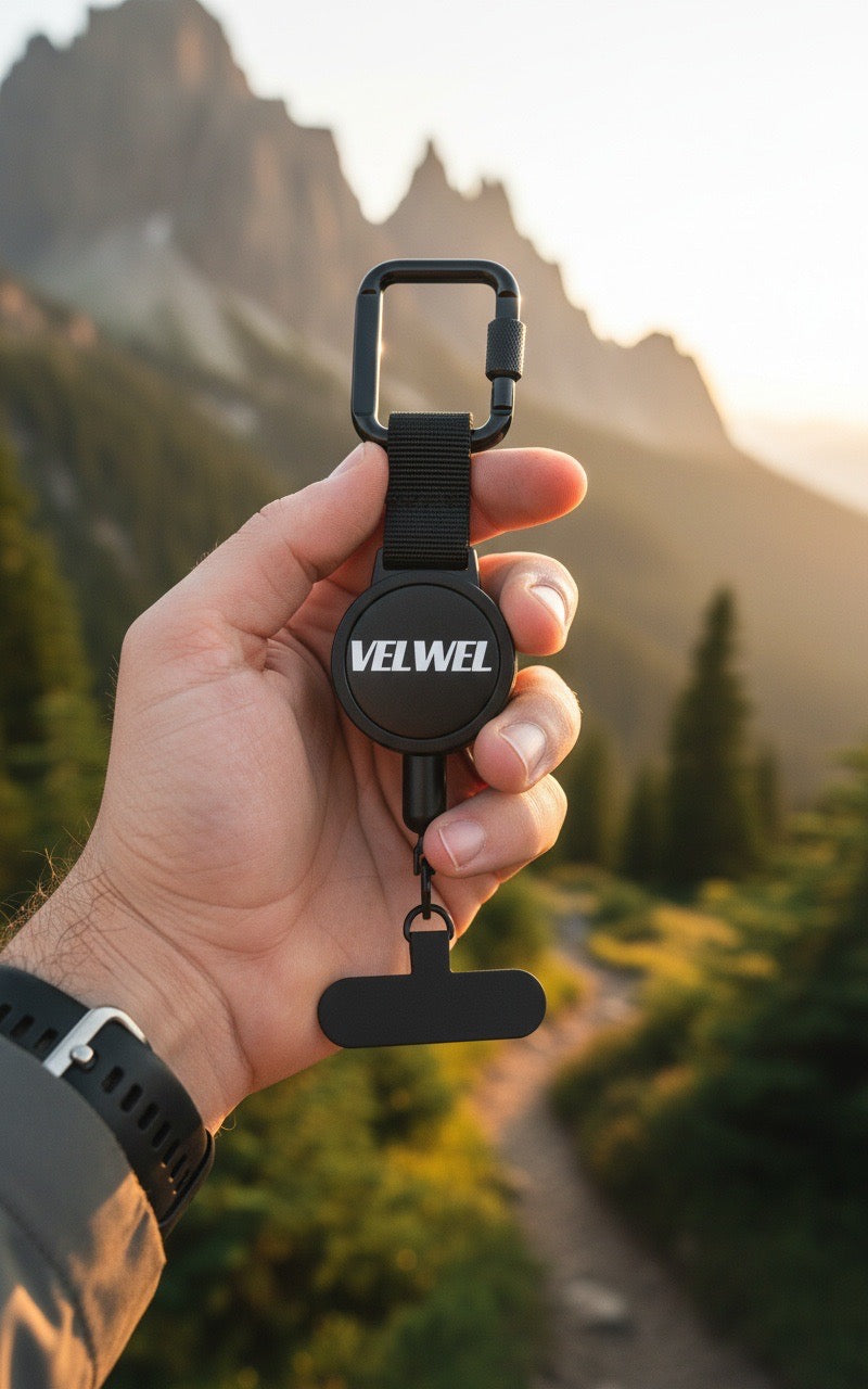 Hand hält VELWEL Handy-Sicherungsclip vor alpiner Berglandschaft bei Sonnenuntergang