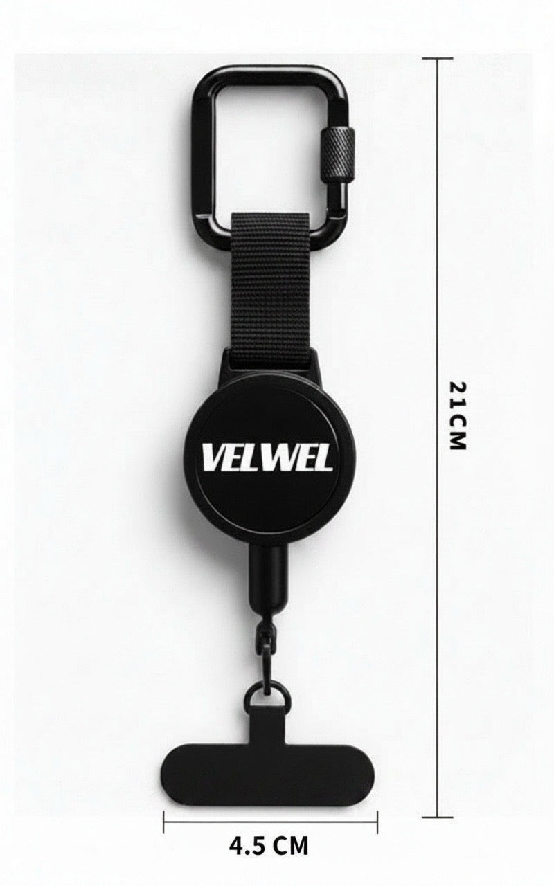VELWEL Handy-Sicherungsclip mit Karabiner – einziehbare Telefonhalterung in Schwarz, 21 cm
