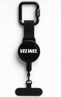 VELWEL Handy-Sicherungsclip mit einziehbarem Stahlseil und Karabiner – Produktansicht auf weißem Hintergrund