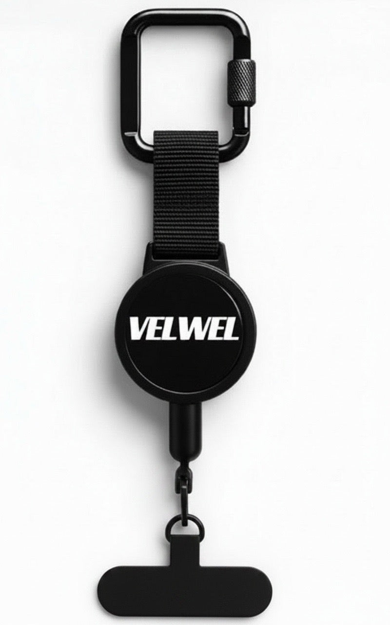 VELWEL Handy-Sicherungsclip mit einziehbarem Stahlseil und Karabiner – Produktansicht auf weißem Hintergrund