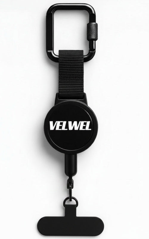 VELWEL Handy-Sicherungsclip mit einziehbarem Stahlseil und Karabiner – Produktansicht auf weißem Hintergrund