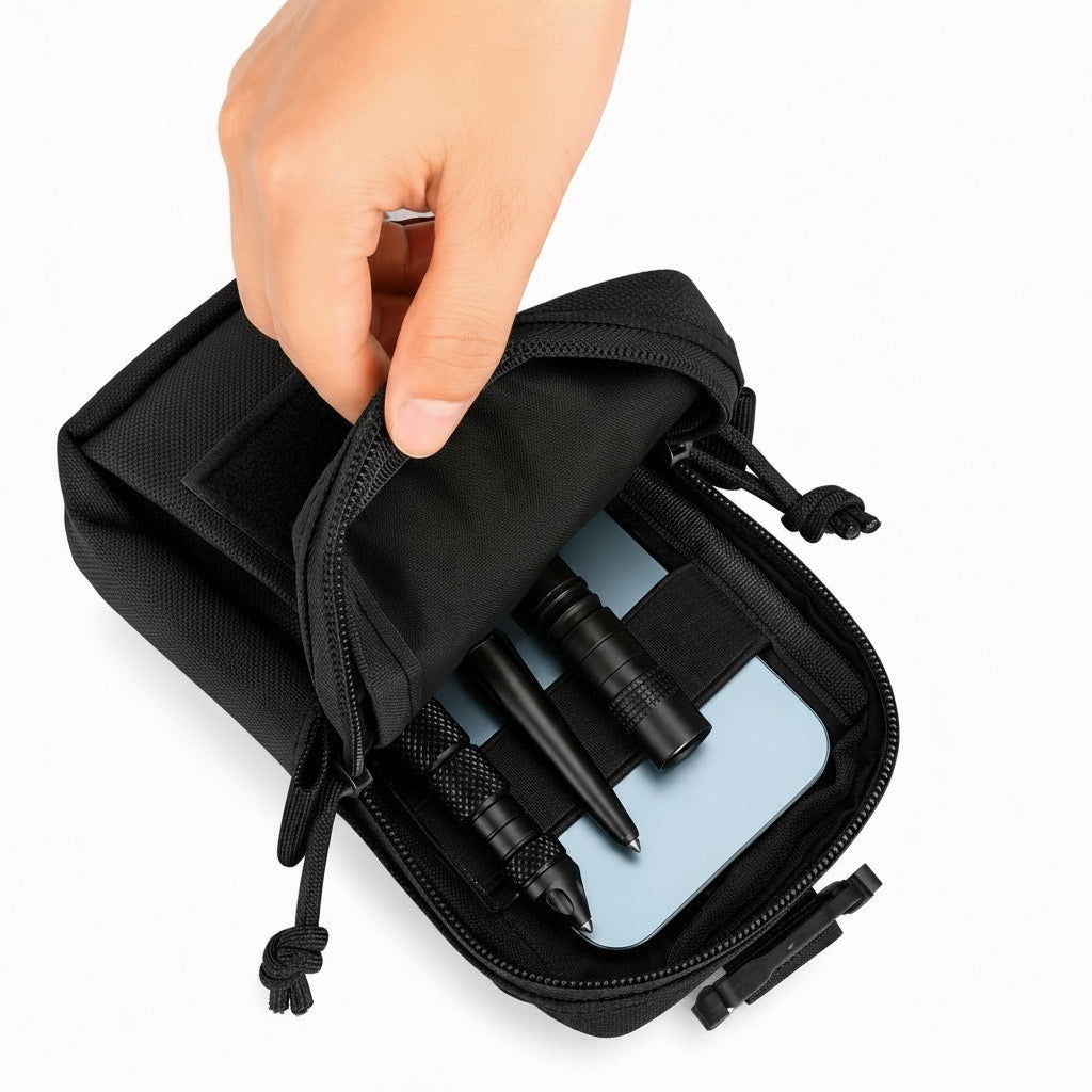 Velwel Handy-Tasche geöffnet — mit Smartphone und Stiften, ideal für Organisation unterwegs