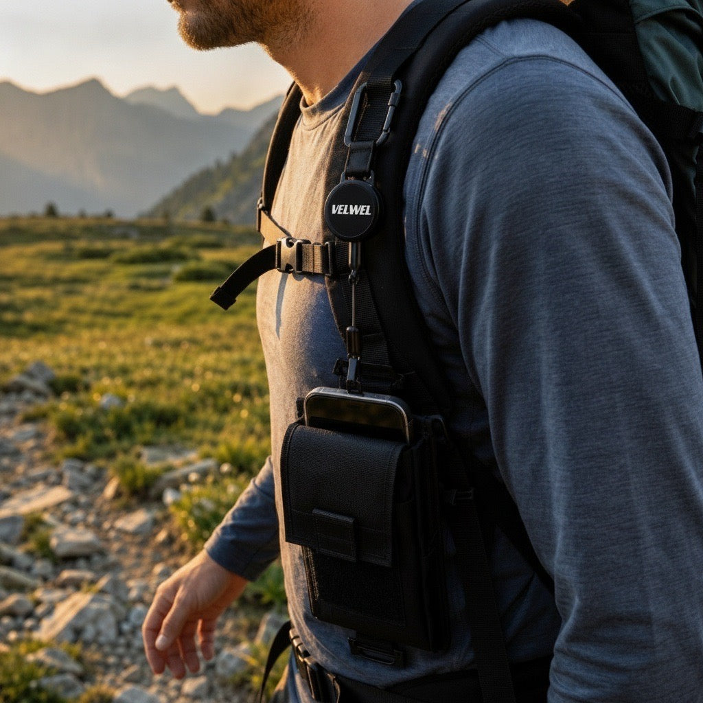 Mann trägt Velwel Handy-Tasche mit Retraktor am Rucksack — Smartphone sicher befestigt ohne zu schwingen