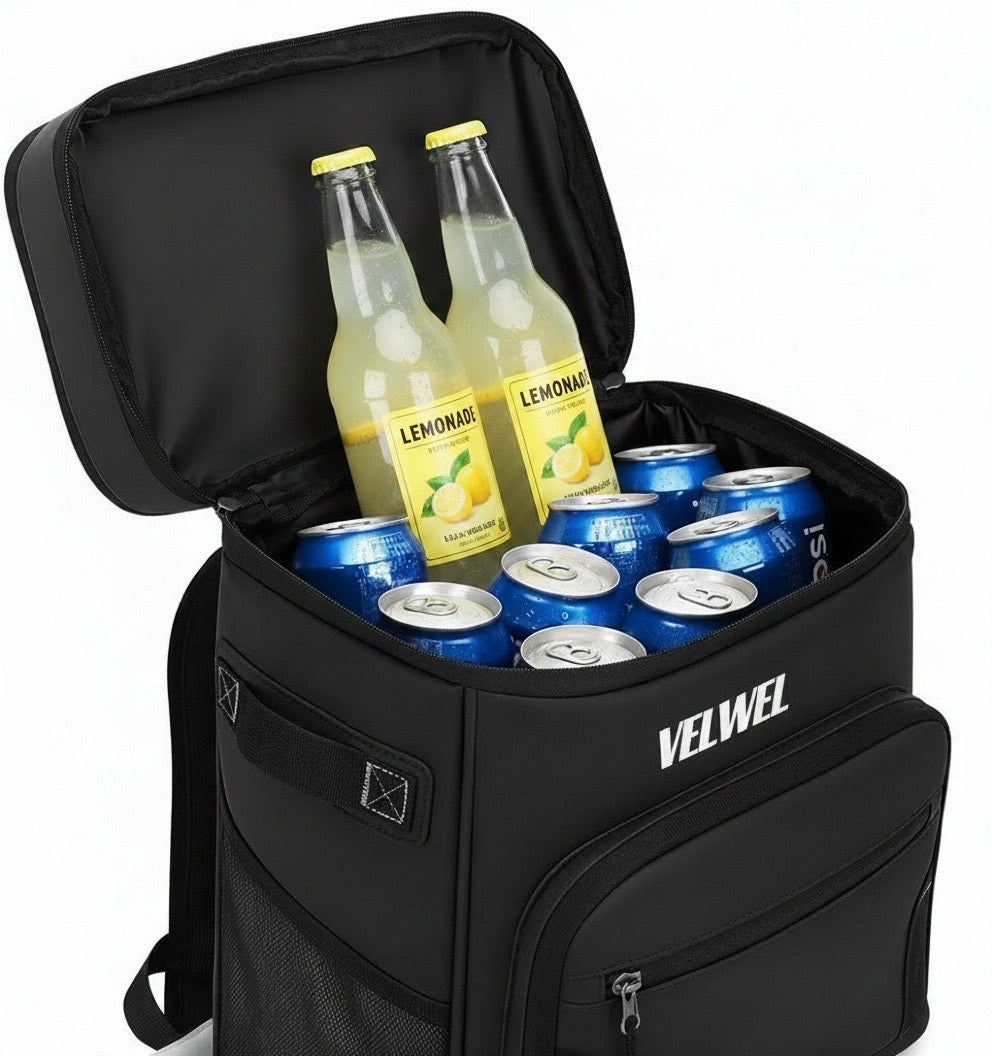 Velwel Kühltasche geöffnet mit Limonadenflaschen und Getränkedosen – großes Fassungsvermögen