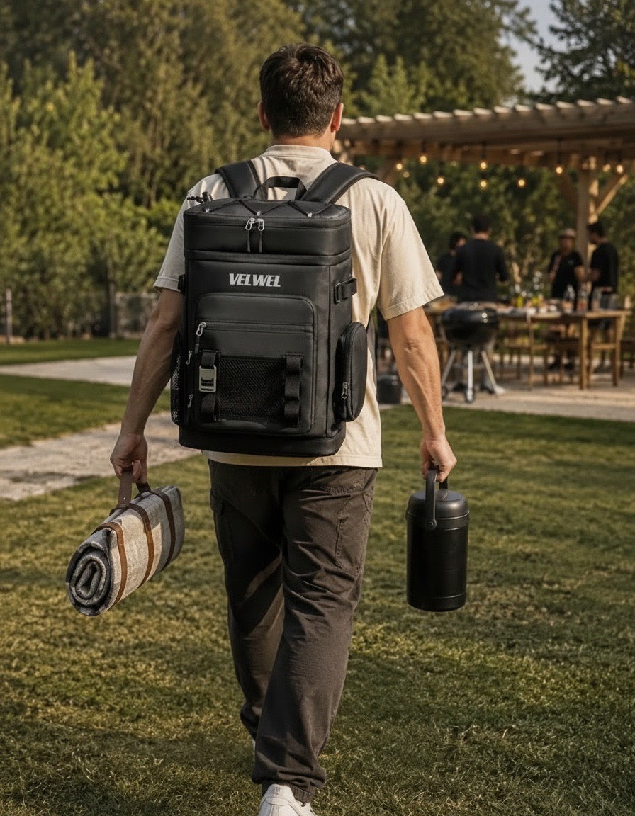Mann trägt Velwel Kühltasche beim Familien-Grillabend im Freien – praktisch und stilvoll