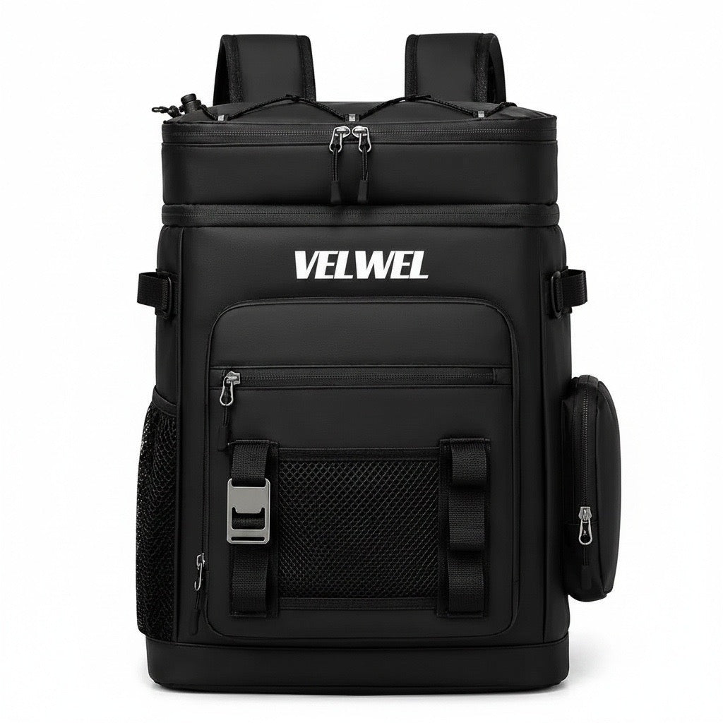 Velwel Kühltasche Rucksack in Schwarz – Frontansicht mit mehreren Fächern und Reißverschlüssen