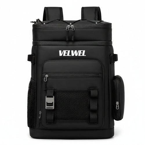 Velwel Kühltasche Rucksack in Schwarz – Frontansicht mit mehreren Fächern und Reißverschlüssen