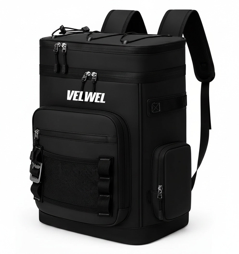 Velwel Kühltasche Rucksack seitliche Ansicht – robustes Design mit Tragegurten