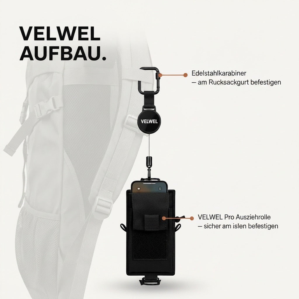 Velwel Retraktor Karabiner und Pocket Tasche Klettverschluss — einfache Befestigung am Rucksackgurt erklärt
