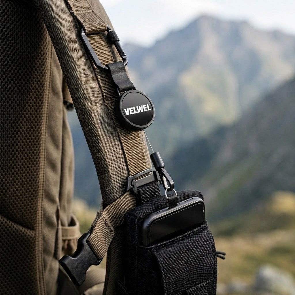 Velwel Retraktor und Pocket Tasche am Rucksackgurt befestigt — sichere Kombination für Outdoor und Wandern mit Bergpanorama