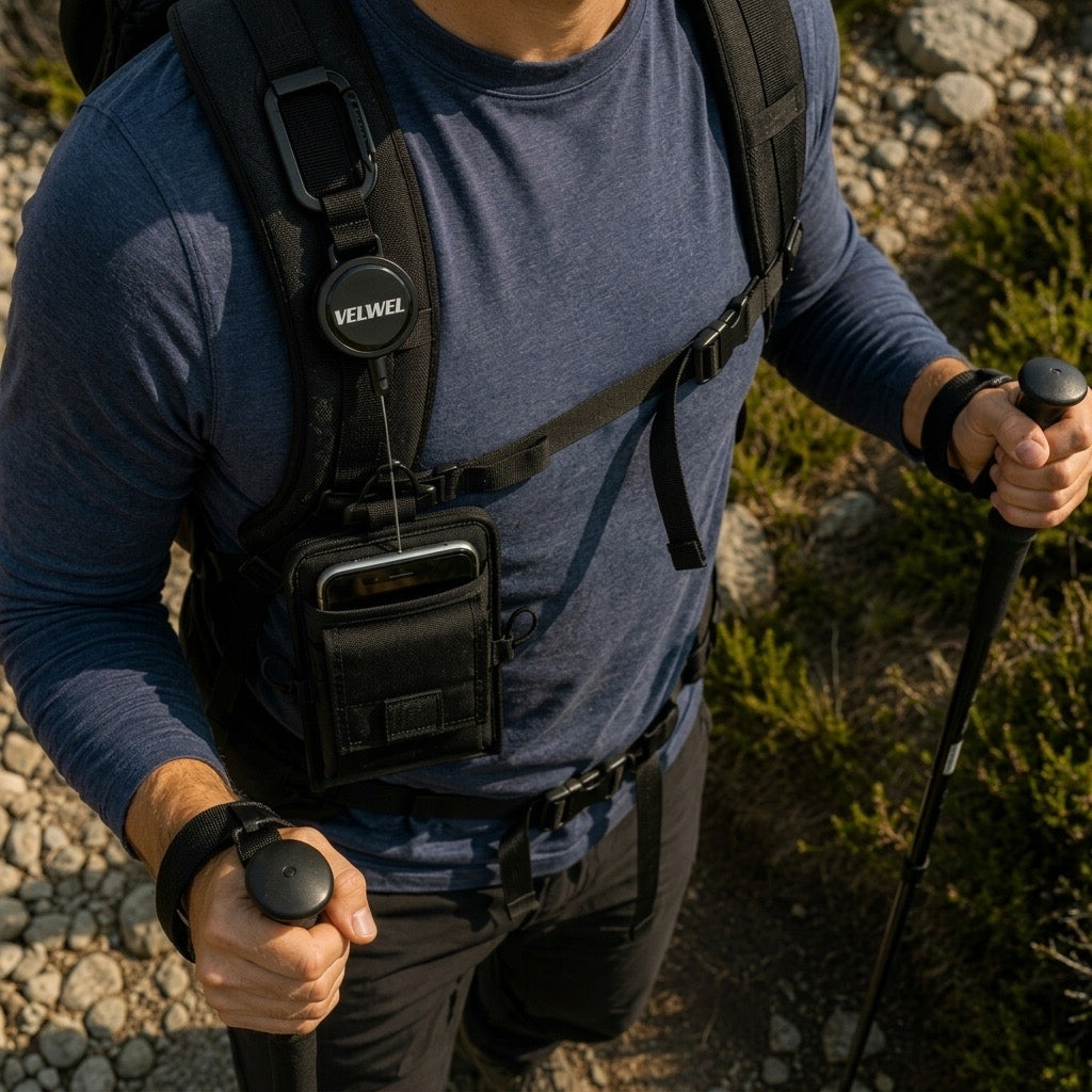 Mann beim Wandern mit Velwel Retraktor und Pocket Tasche am Rucksack — Smartphone sicher und griffbereit befestigt
