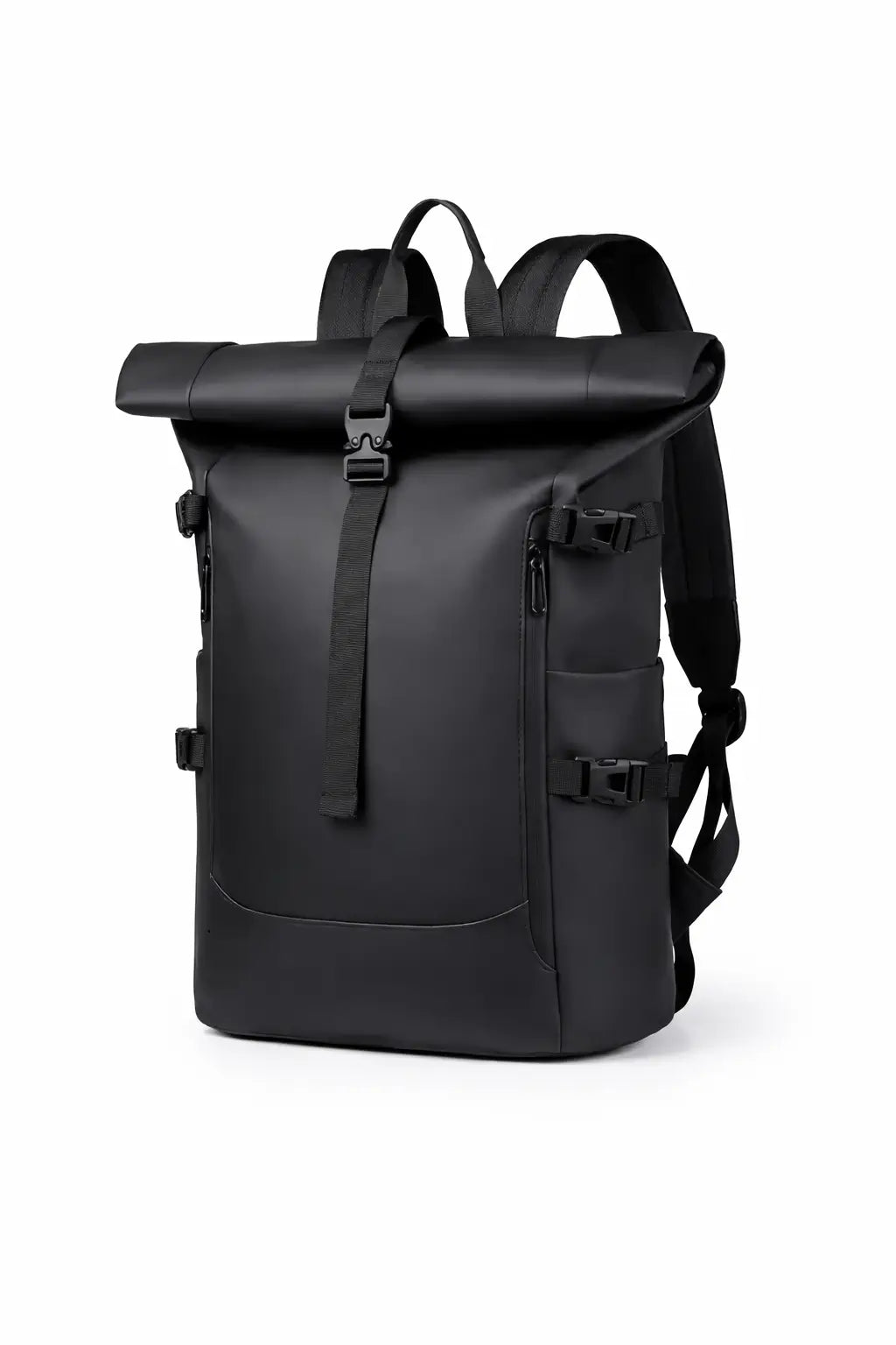 Moderner grauer Rolltop Rucksack in Schrägansicht mit seitlichen Schnallen und klaren Linien