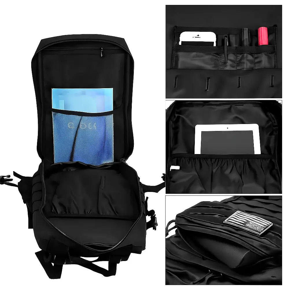 Innenfach des schwarzen Velwel Rucksacks mit Tablet- und Zubehörfächern, ideal für Arbeit oder Schule.