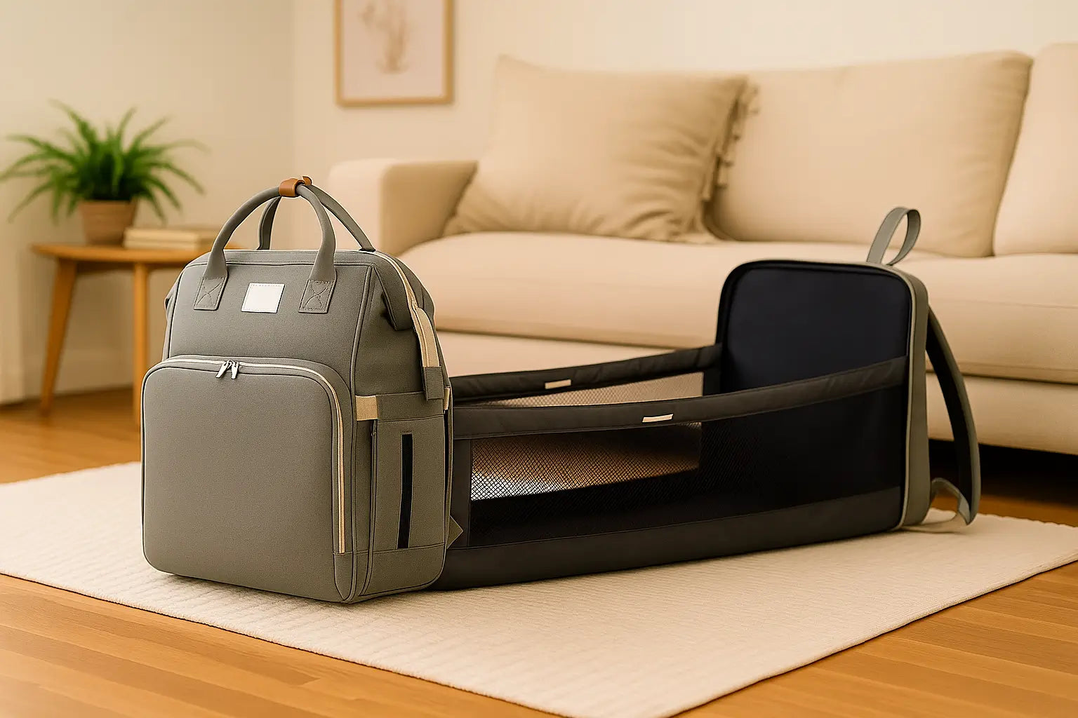 Velwel Wickelrucksack mit tragbarem Babybett, modernes Design für Eltern unterwegs.