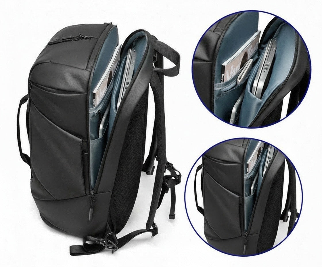 Schwarzer WELLWEL Rucksack mit geöffnetem Laptopfach und organisierter Innenaufteilung.